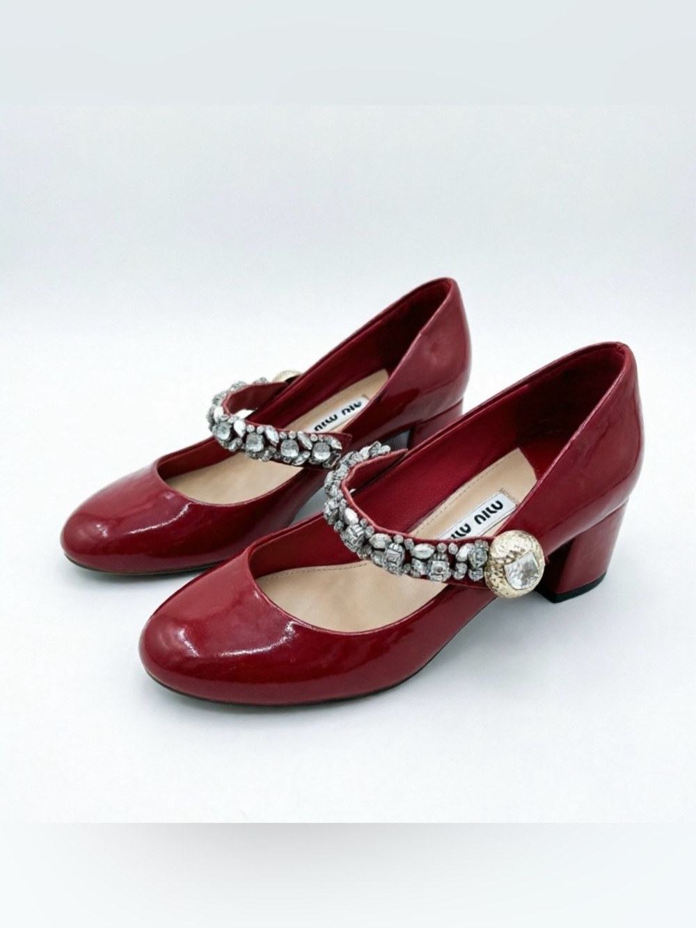 Miu Miu Burgundy Patent Jeweled Mary Jane Pumps